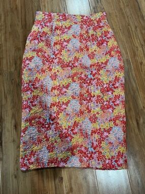 Lulu's Red and Yellow Metallic Textured Floral Pencil Skirt